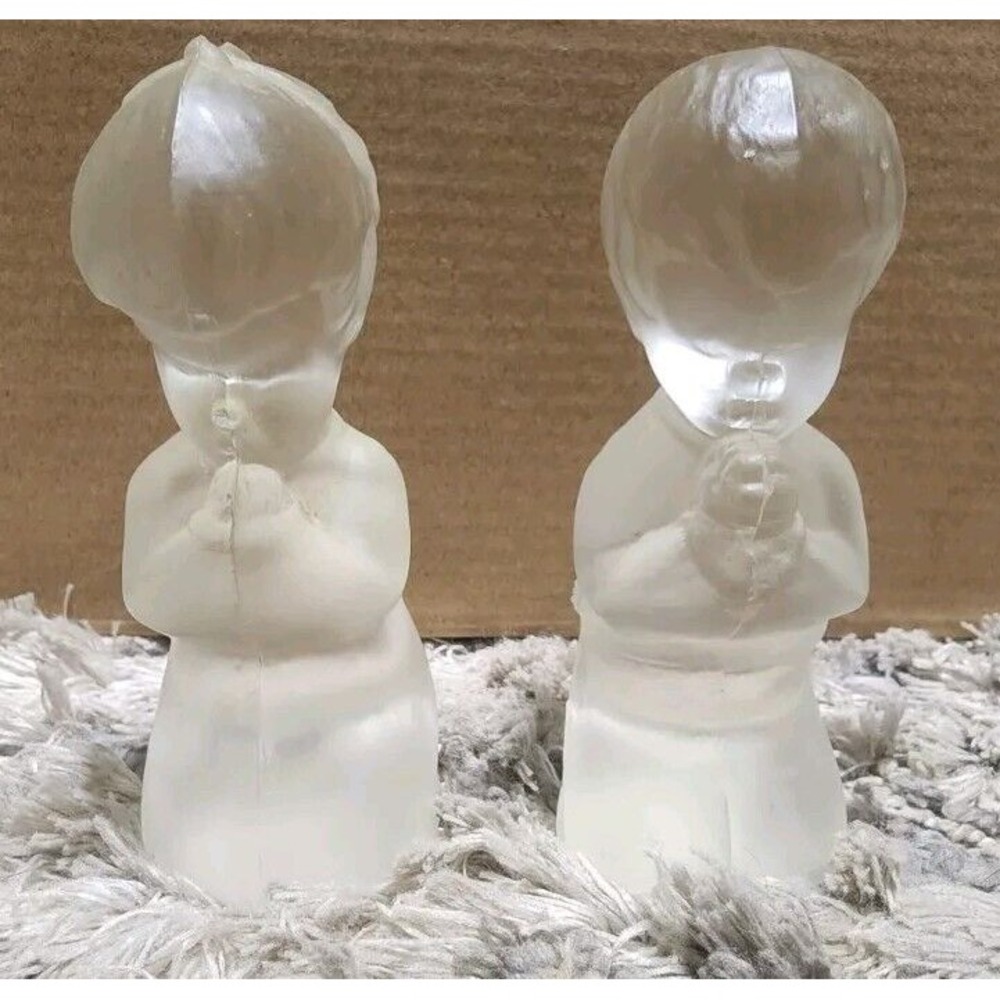 Perfect Early Label Fenton Praying Boy & Girl, Frosted Satin Glass